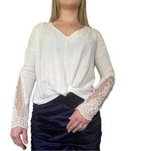 BLUE Rain Boho lace boxy cropped white top/tunic crossover/wrapped front WomenXS
